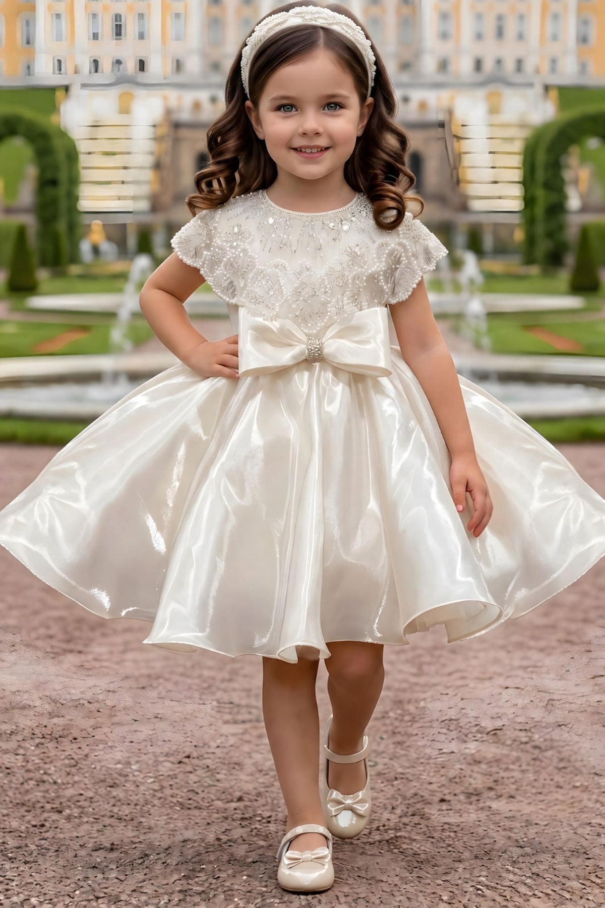 Girls Ivory Pearl Embellished Cape Style Party Wear Frock with Bow