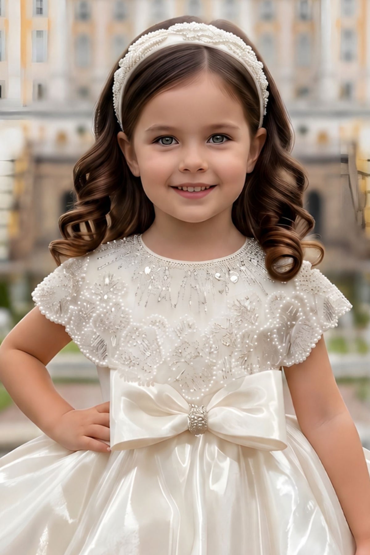 Girls Ivory Pearl Embellished Cape Style Party Wear Frock with Bow