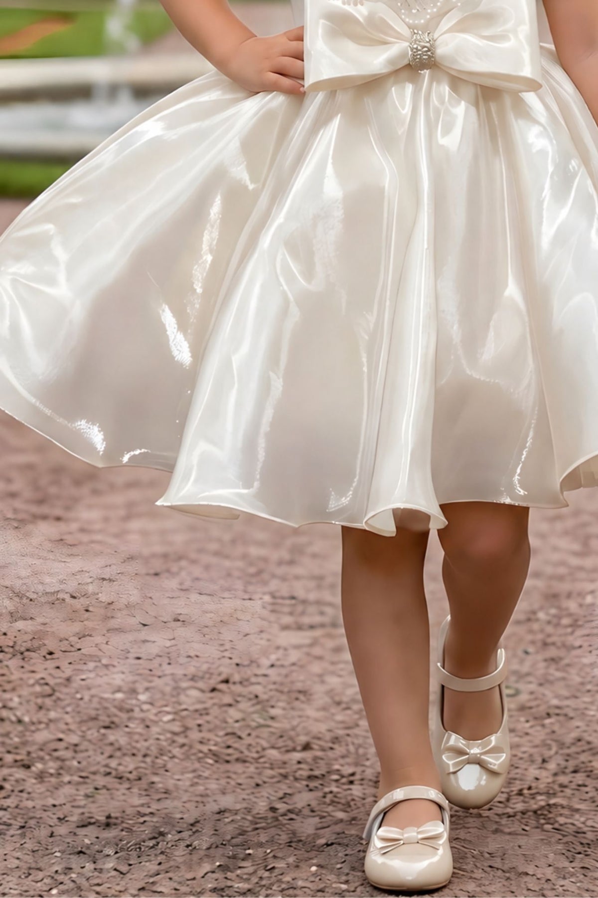 Girls Ivory Pearl Embellished Cape Style Party Wear Frock with Bow