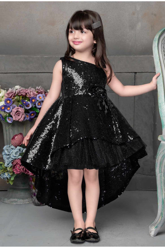 Sparkling Black Sequin Tailback Partywear Frock For Girls