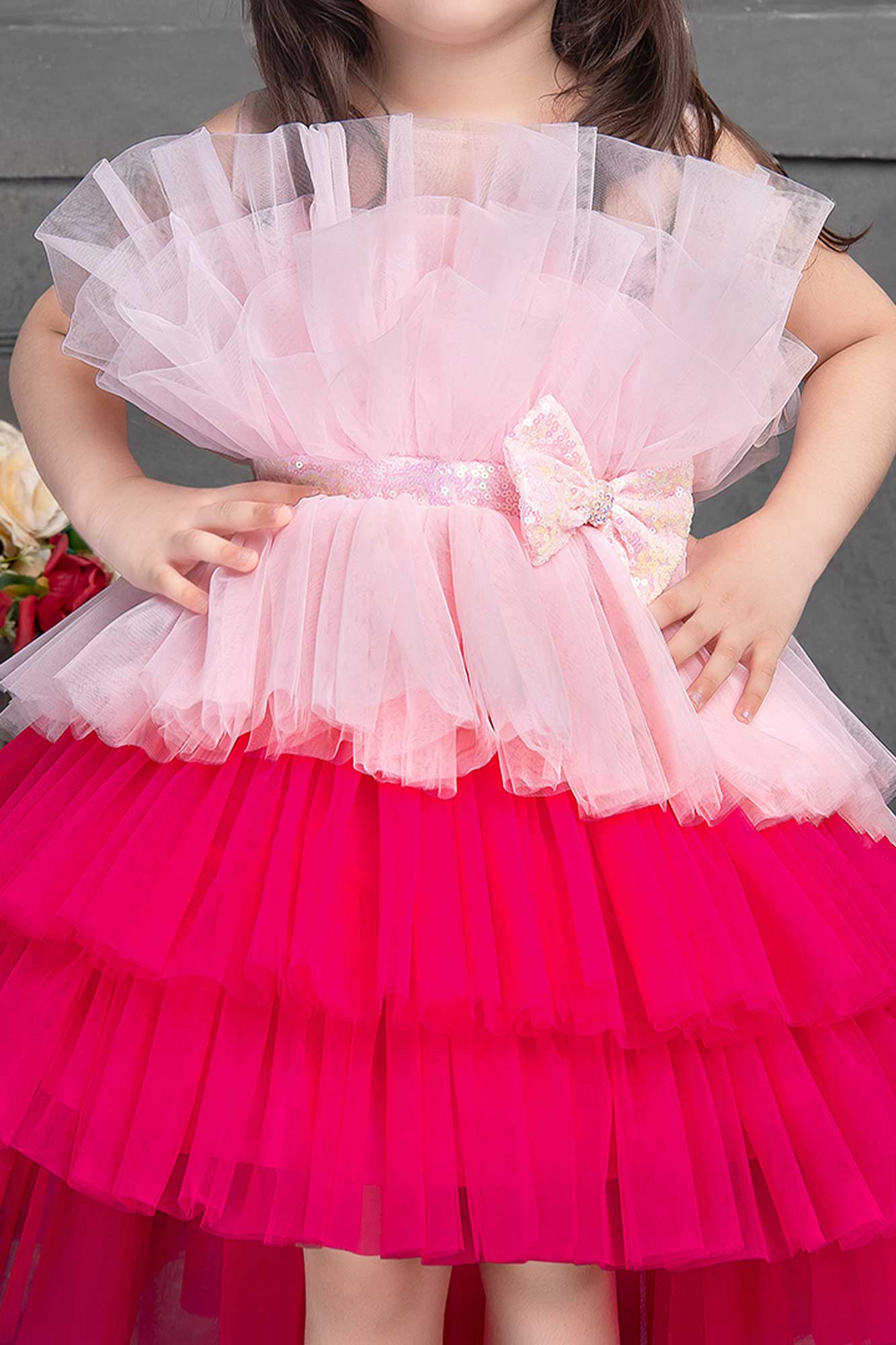 Pink and Red Tutu Frock With Bow Embellished for Girls