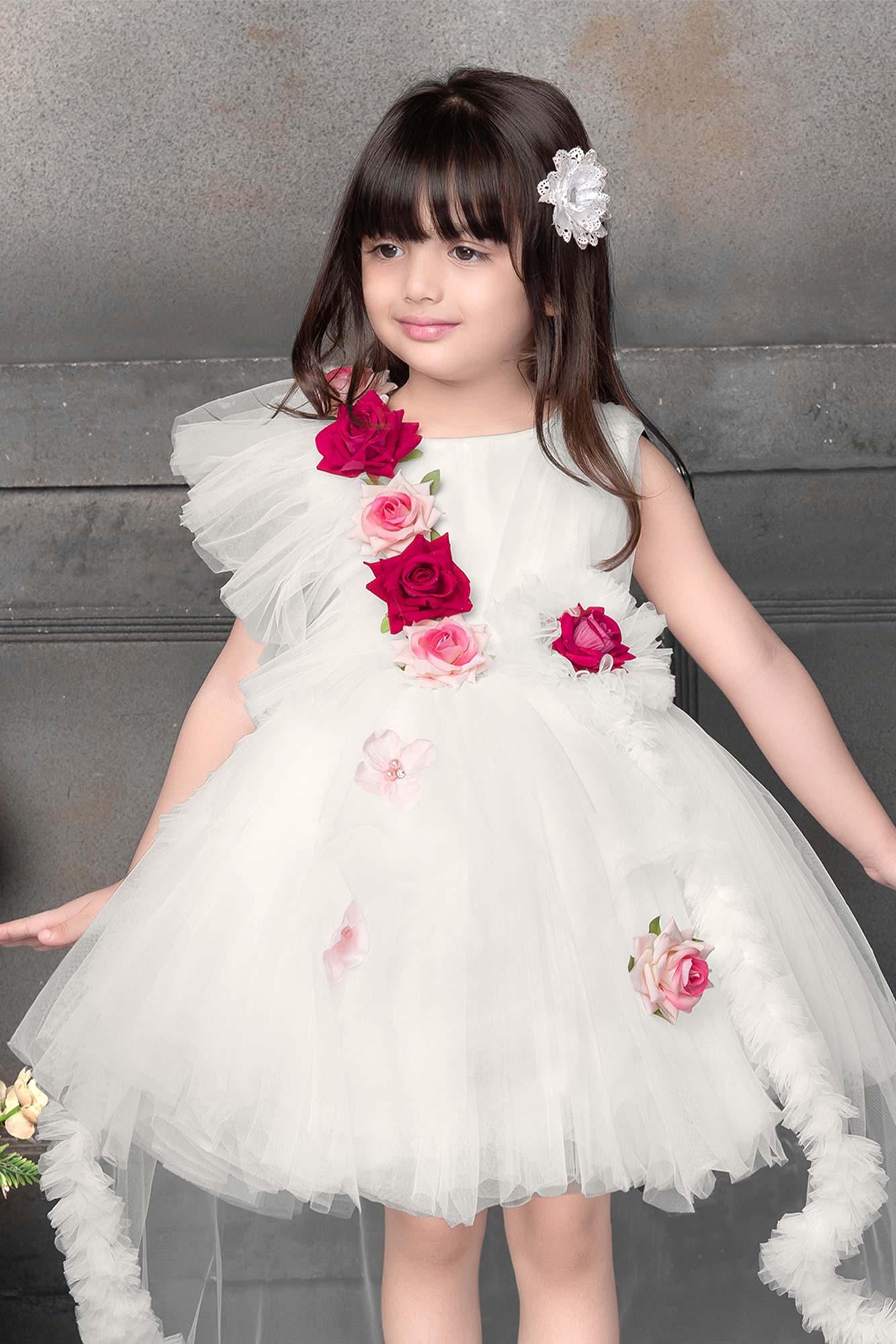 Gorgeous White Tailback Frock With Floral Embellishments For Girls