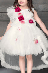 Gorgeous White Tailback Frock With Floral Embellishments For Girls