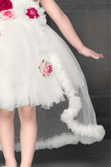 Gorgeous White Tailback Frock With Floral Embellishments For Girls