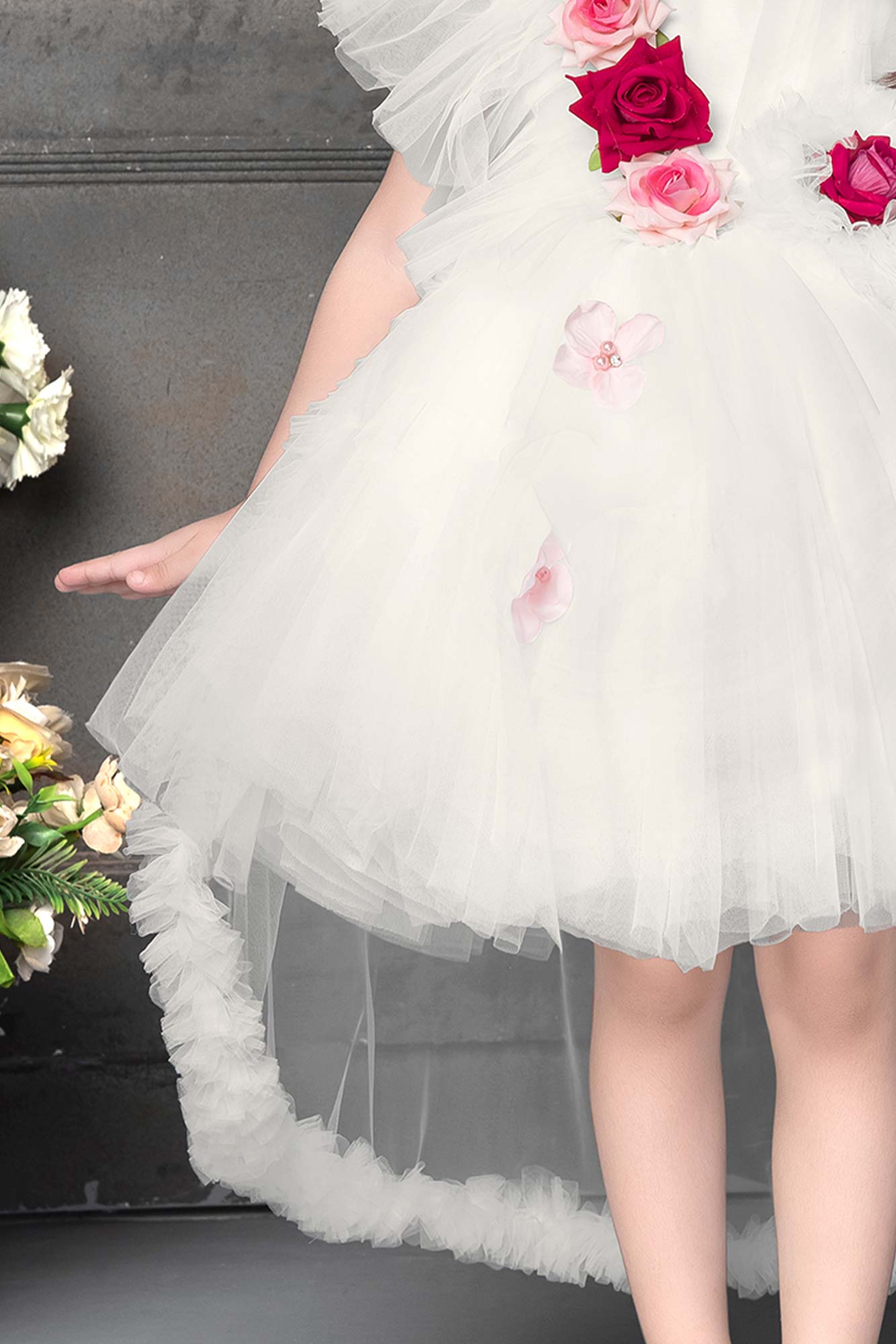 Gorgeous White Tailback Frock With Floral Embellishments For Girls