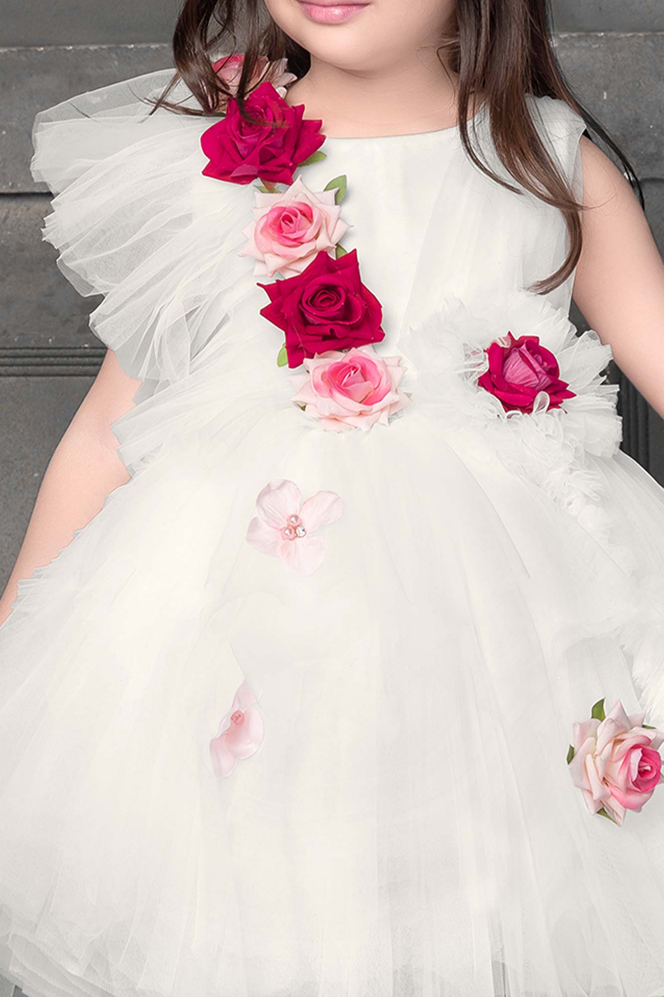 Gorgeous White Tailback Frock With Floral Embellishments For Girls