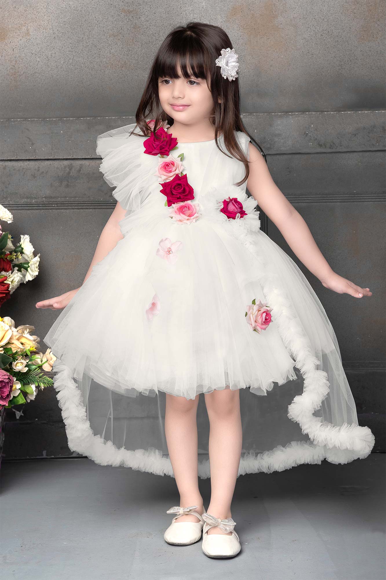 Gorgeous White Tailback Frock With Floral Embellishments For Girls