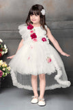 Gorgeous White Tailback Frock With Floral Embellishments For Girls