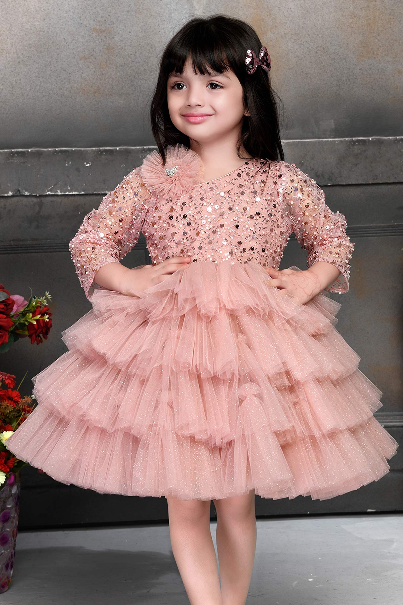 Peach Shimmer Ruffle Frock for – Lagorii Kids - Main Image