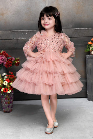 Peach Shimmer Ruffle Frock for Girls.