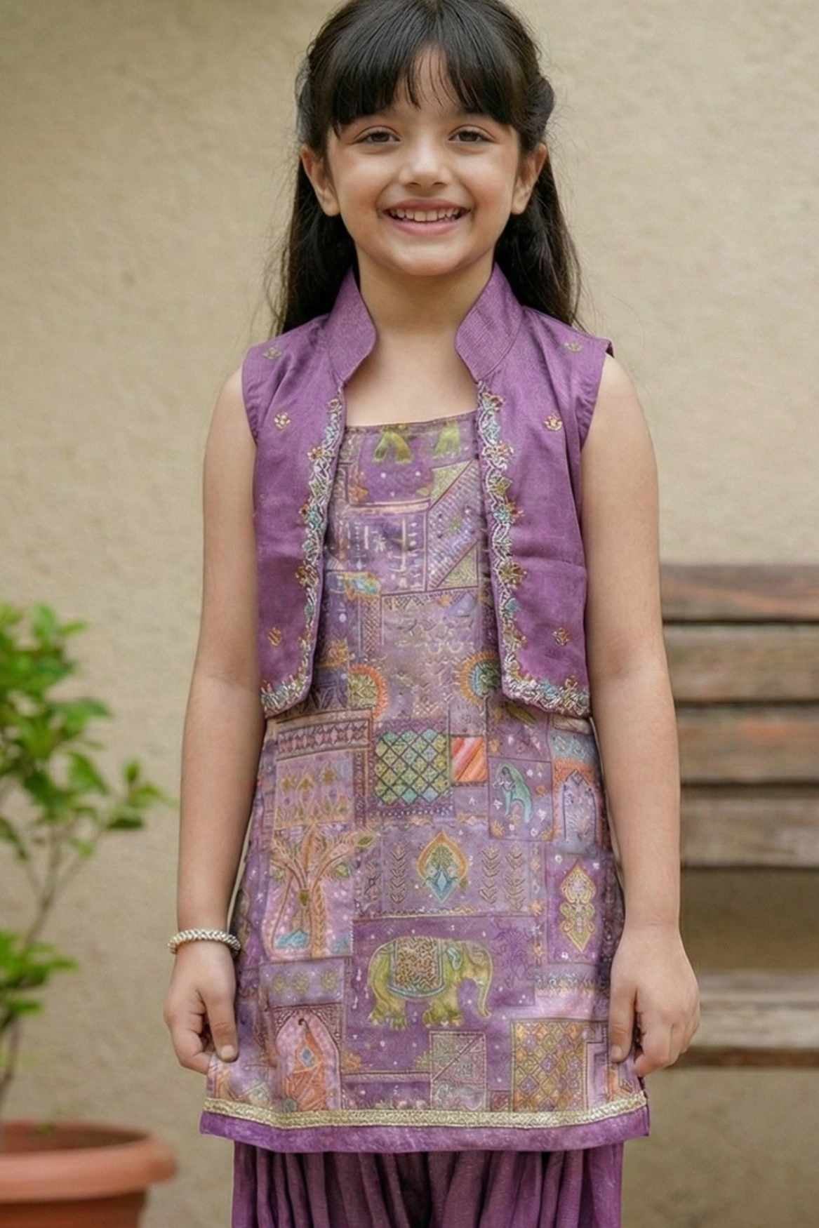Purple Printed Patiala Set with Embroidered Jacket For Girls