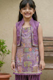 Purple Printed Patiala Set with Embroidered Jacket For Girls
