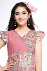 Pink Sequins Work And Floral Printed Causal Dress For Girls