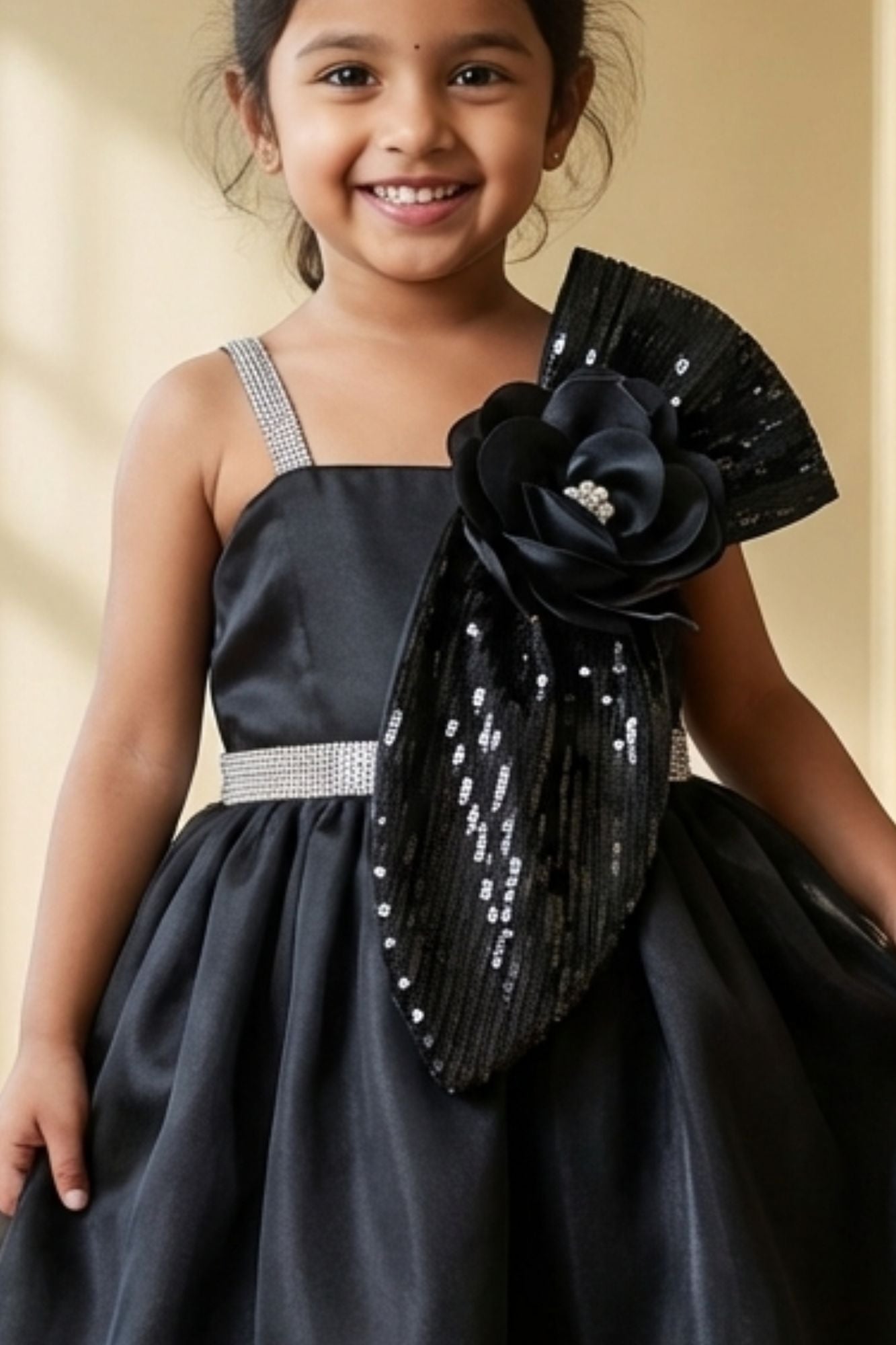 Black Party Frock With Sequin Bow And 3D Flower Detail For Girls