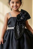Black Party Frock With Sequin Bow And 3D Flower Detail For Girls