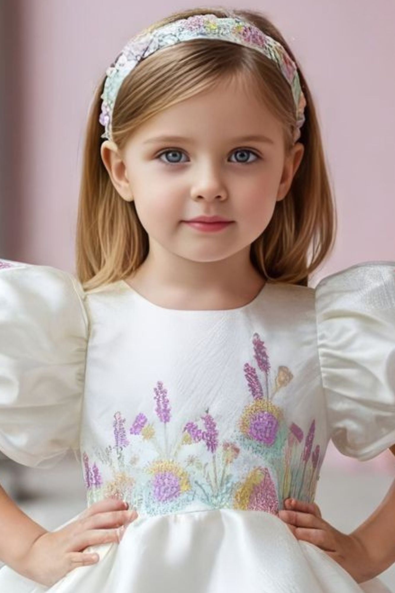 White Floral Embroidered Puff Sleeve Party Frock For Girls