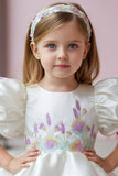 White Floral Embroidered Puff Sleeve Party Frock For Girls