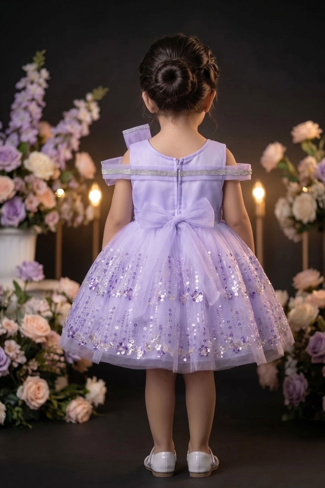 Girls Lavender Sequinned Party Wear Frock with Bow Detail