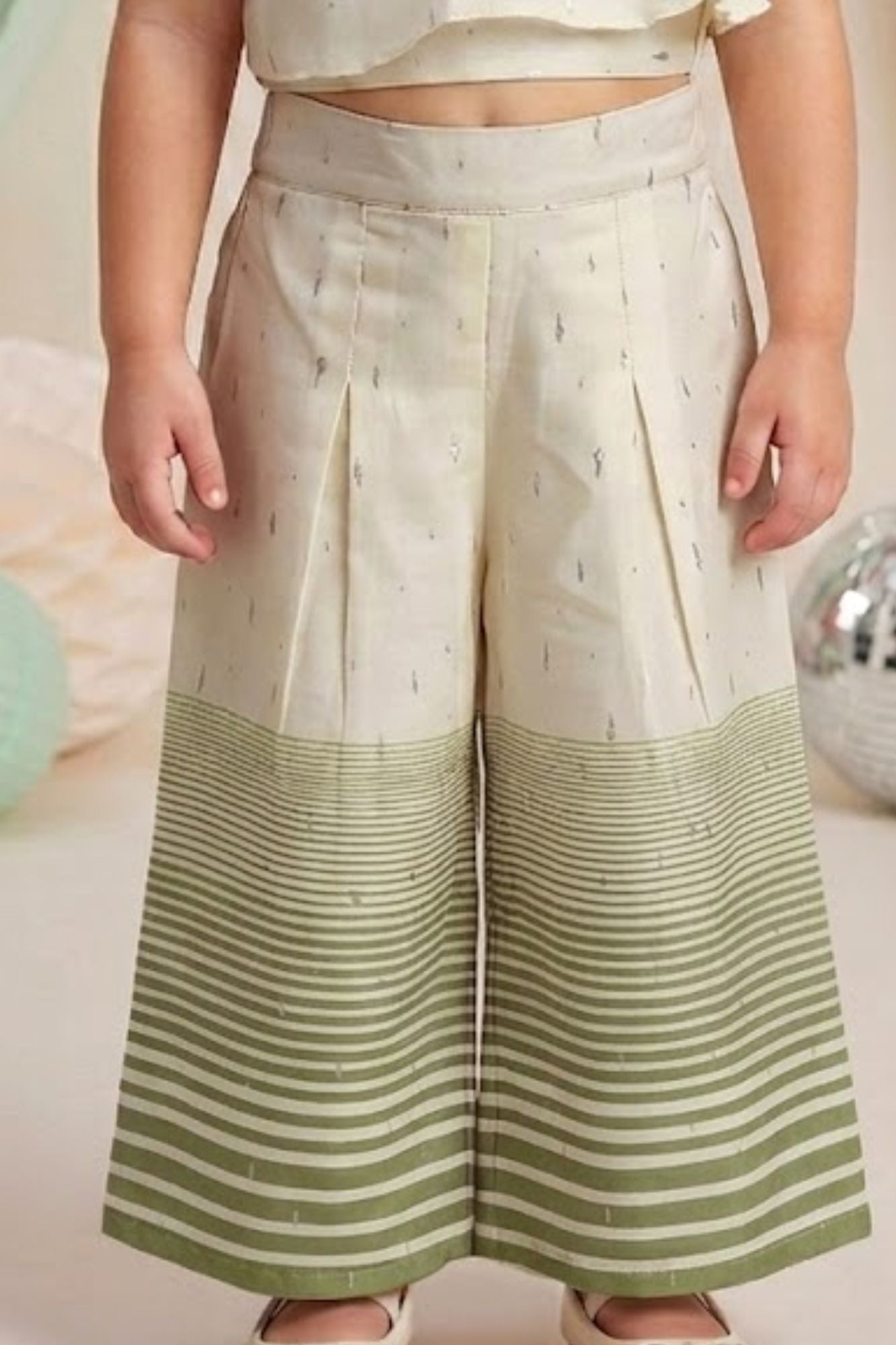 Girls Cream and Green One-Shoulder Co-Ord Set with Striped Wide-Leg Pants