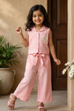 Girls Pink Sleeveless Embroidered Co-Ord Set with Wide Leg Pants