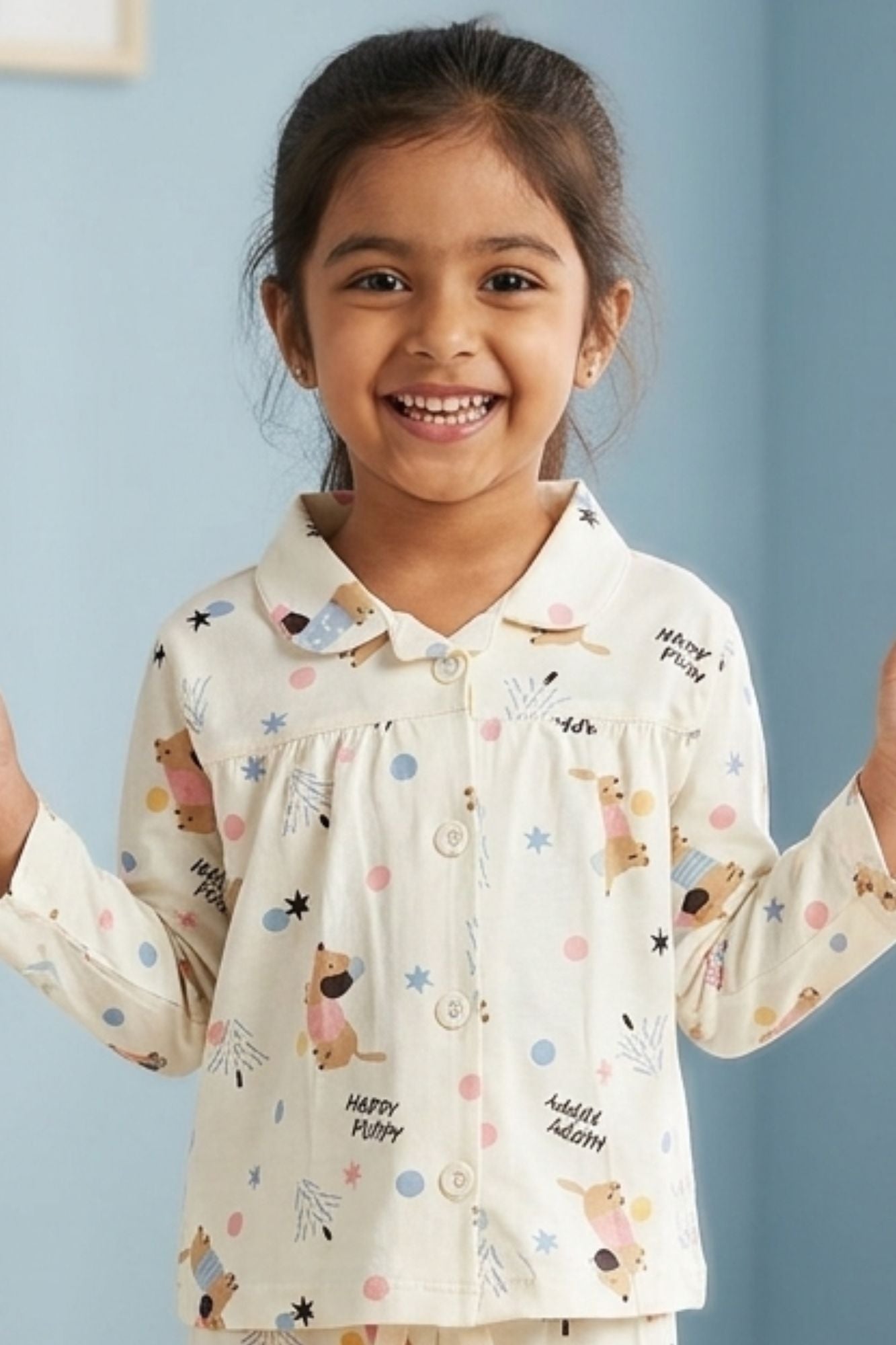 Girls Cream Teddy Bear Print  Night Suit Set