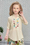 Cream Floral Printed Palazzo Set With Embroidered Kurta And Matching Bag For Girls