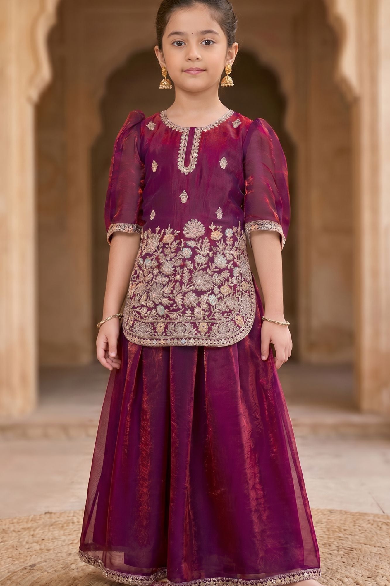 Wine Embroidered Palazzo Set For Girls