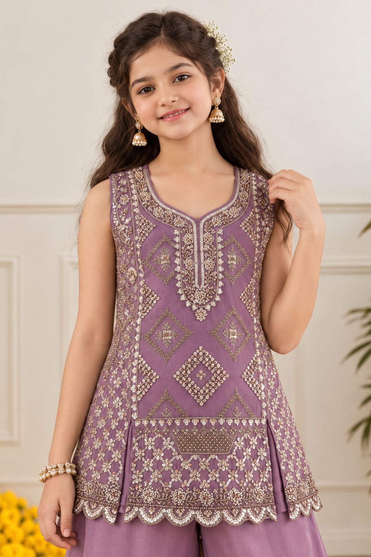 Lavender Sequin Embellished Palazzo Set with Dupatta For Girls