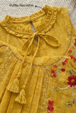 Girls Mustard Embroidered Dress with Tie-Up Neck