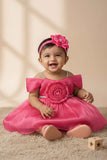 Pink Party Frock with Pleated Flower Appliqué and Shimmer Finish For Girls