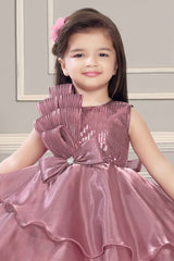 Wine Frock With Bow Embellished And Sequin For Girls