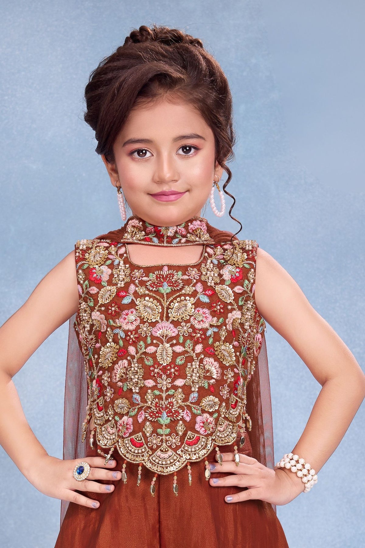 Girls Rust Orange Embroidered Palazzo Set With Dupatta