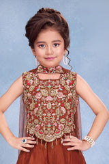 Girls Rust Orange Embroidered Palazzo Set With Dupatta