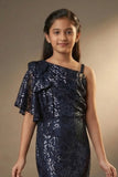 Blue Sequin Embellished One-Shoulder Party Wear Gown For Girls