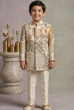 Cream Printed Jodhpuri Suit With Lion Motif And Embroidered Detailing For Boys