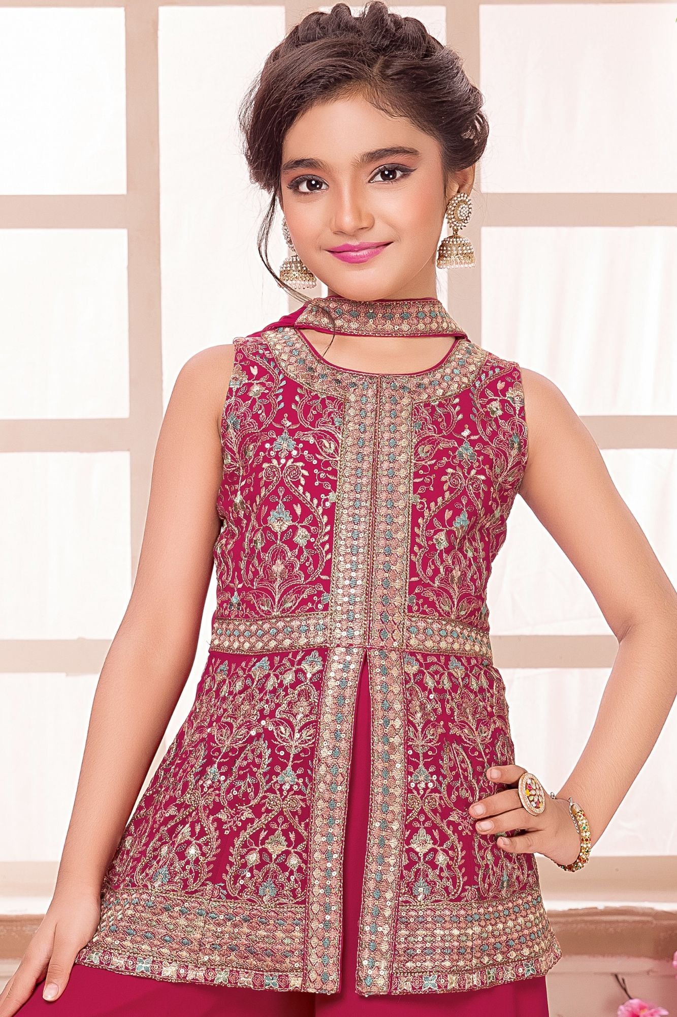Rani Pink Embroidered Palazzo Set For Girls