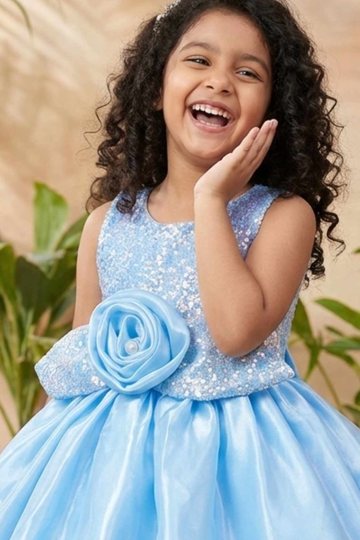 Blue Shimmer Party Wear Frock with 3D Floral Appliqué For Girls