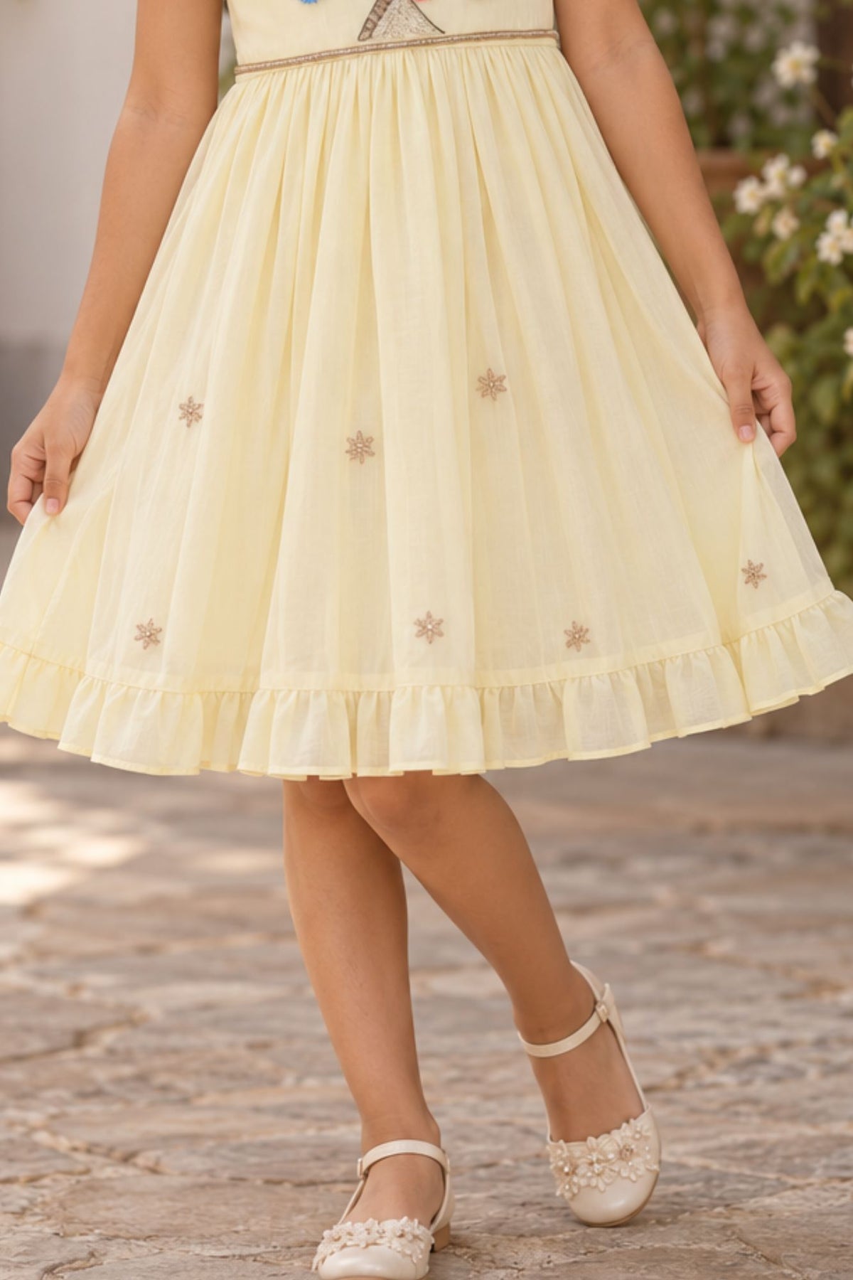 Girls Pastel Yellow Tree Embroidered Ruffle Sleeve Flared Dress