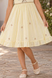Girls Pastel Yellow Tree Embroidered Ruffle Sleeve Flared Dress