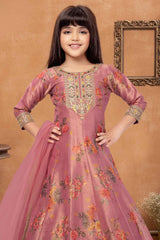 Pink Printed And Embroidered Gown For Girls