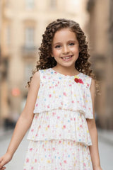 Cream Floral Printed Multi Tiered Ruffle Dress For Girls