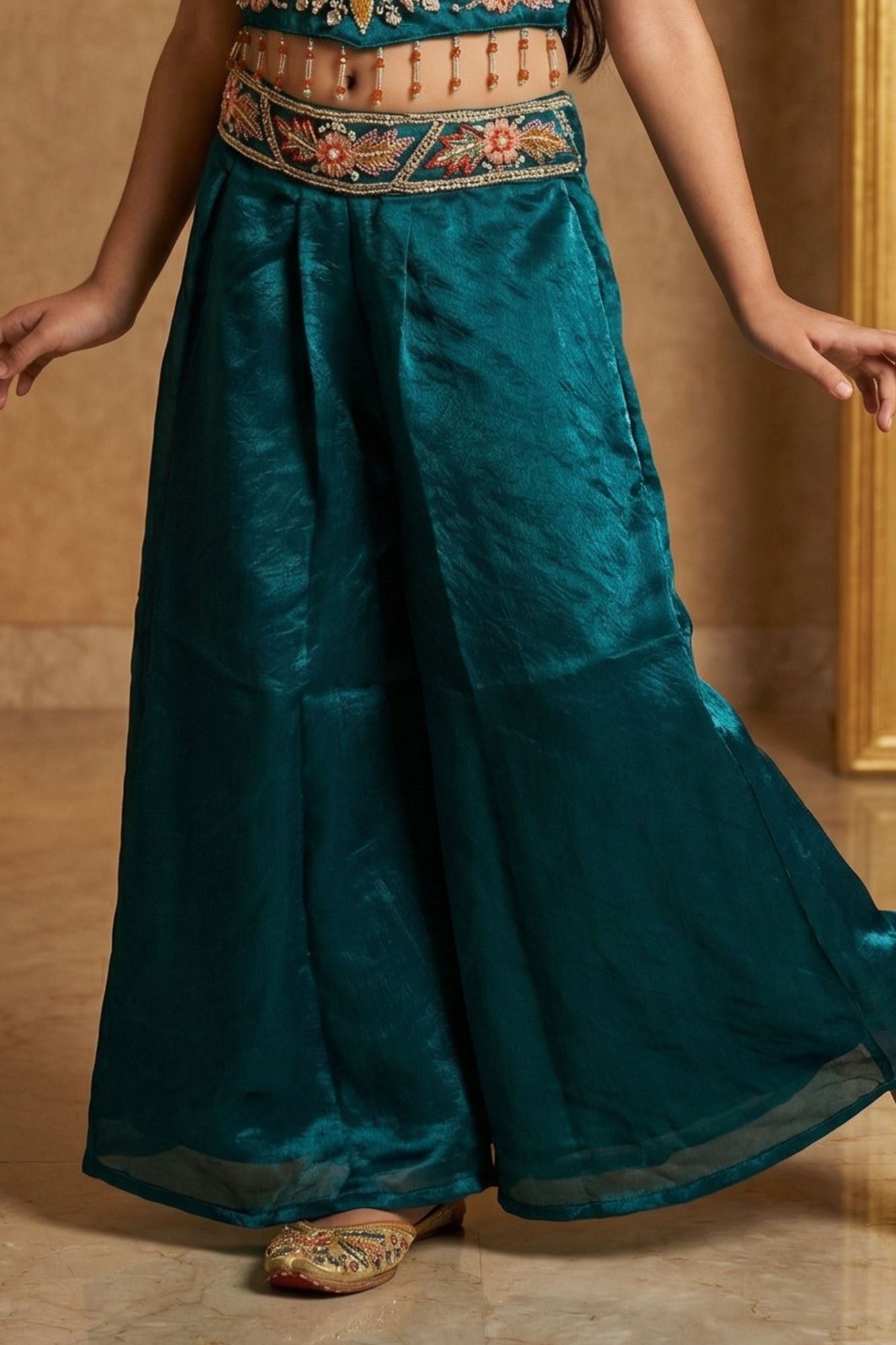 Blue Sequins Work With Thread Embroidery For Palazzo Set For Girls