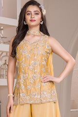 Yellow Embroidered Georgette Palazzo Set For Girls