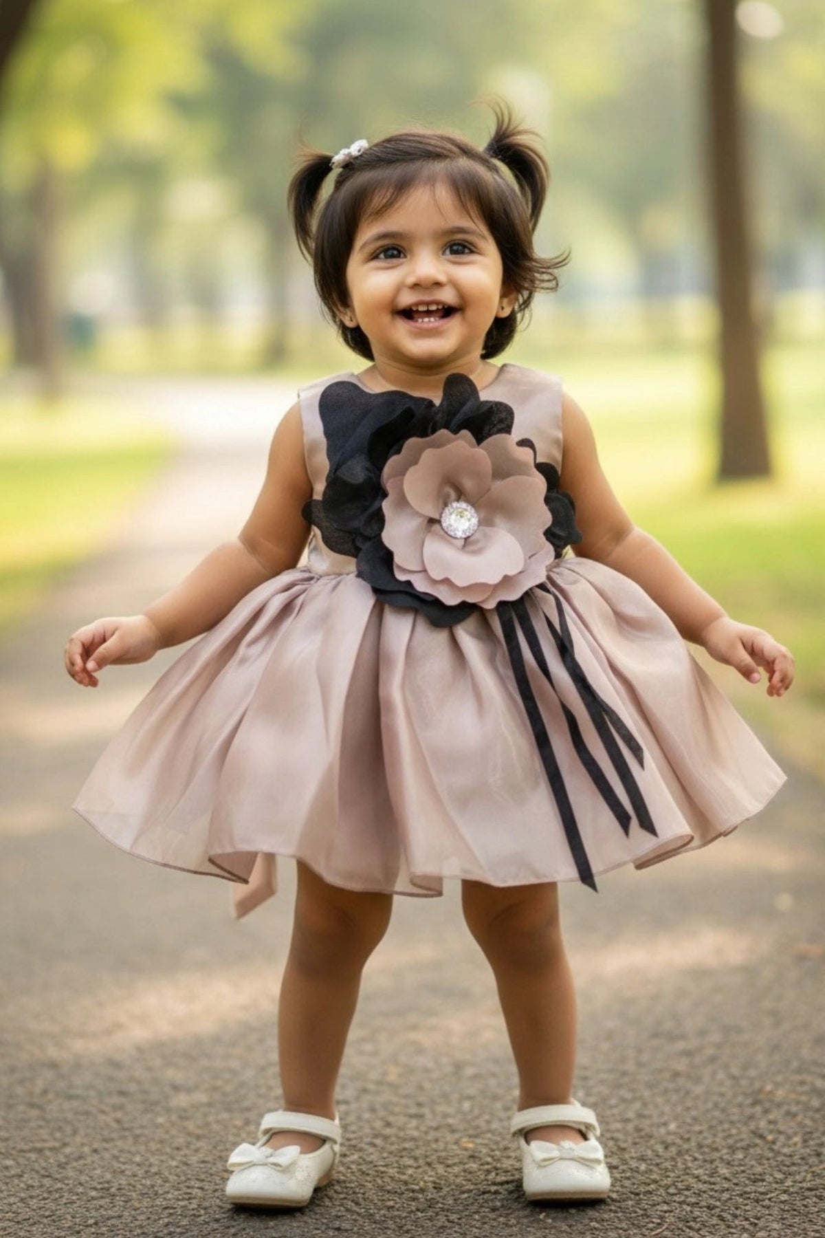 Brown Party Wear Frock with Oversized Black & Grey Floral Appliqué For Girls