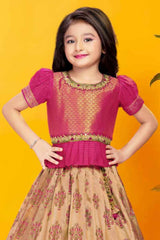 Maroon Silk Pattu Pavadai With Gold Foil Print For Girls