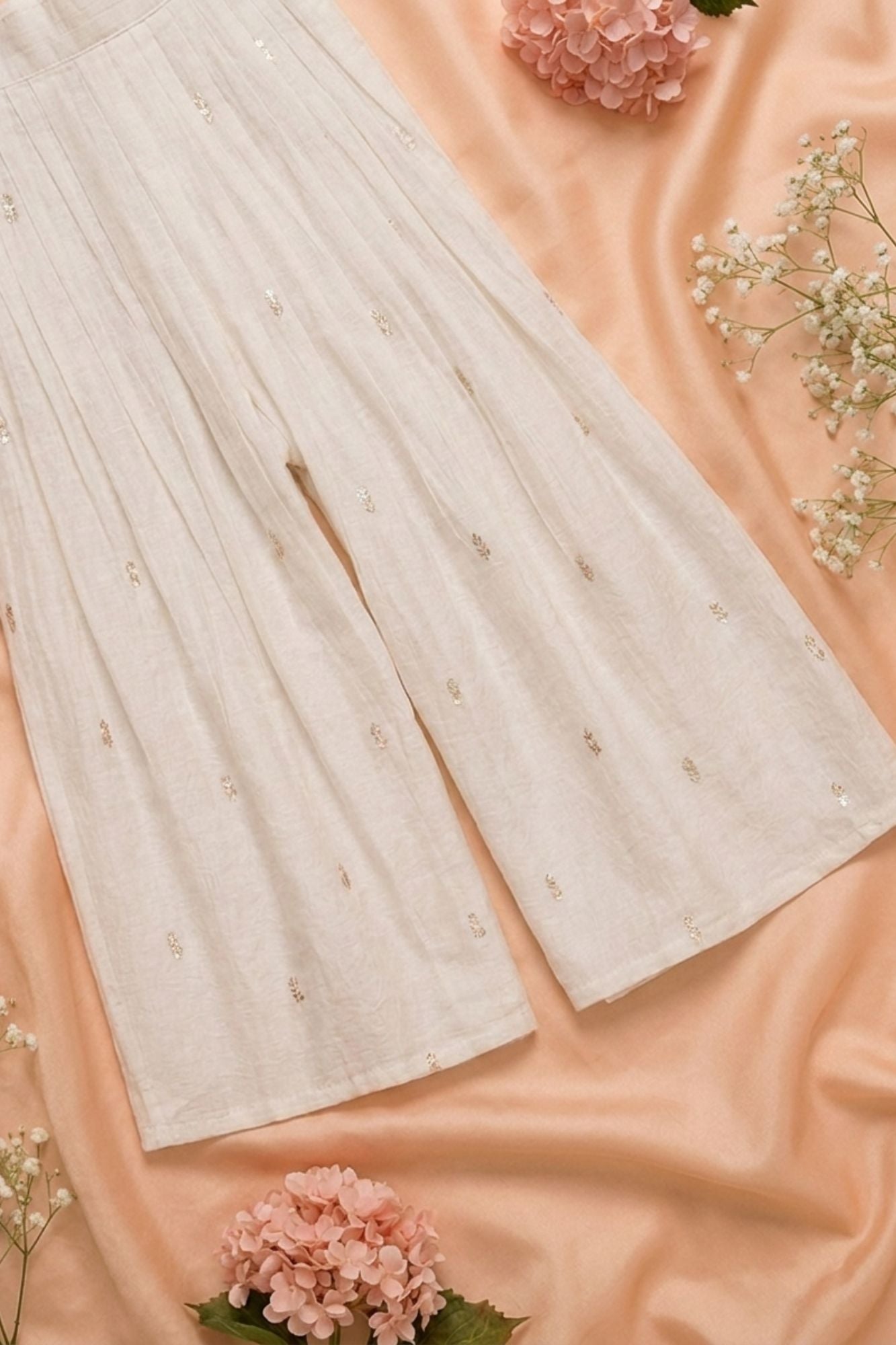 White Palazzo Set With Gold Sequin Embroidery for Girls