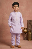 Lavender Embroidered Linen Kurta Set For Boys
