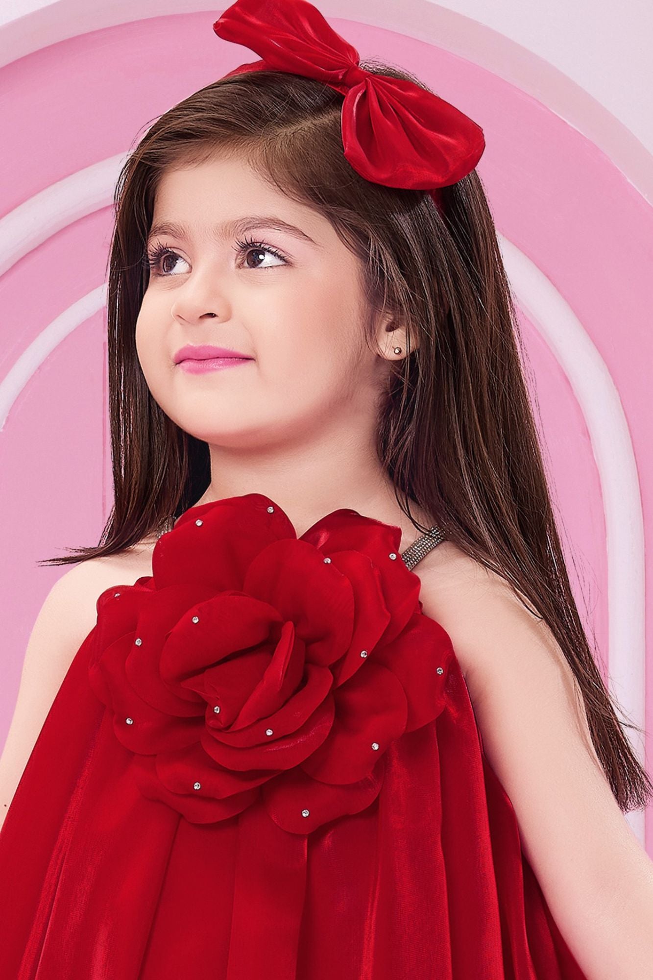 Red 3D Floral Applique Party Wear Frock for Girls