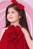 Red 3D Floral Applique Party Wear Frock for Girls