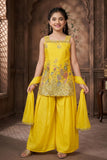 Yellow Floral Sequin Work Palazzo Set with Dupatta For Girls